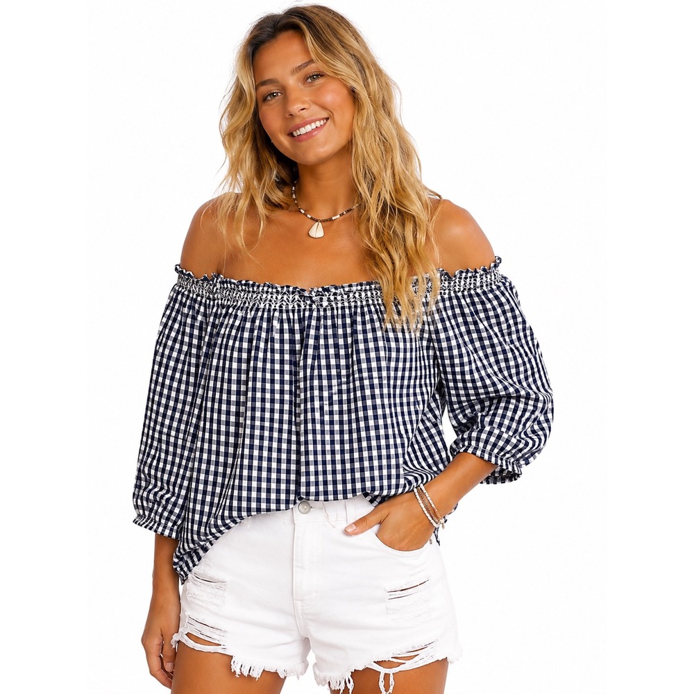 Madewell Navy Gingham Off Shoulder Smocked Boho Top XS Nautical Farmhouse Beach
